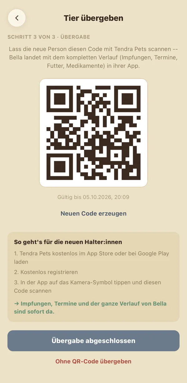 Tier-Übergabe per QR-Code